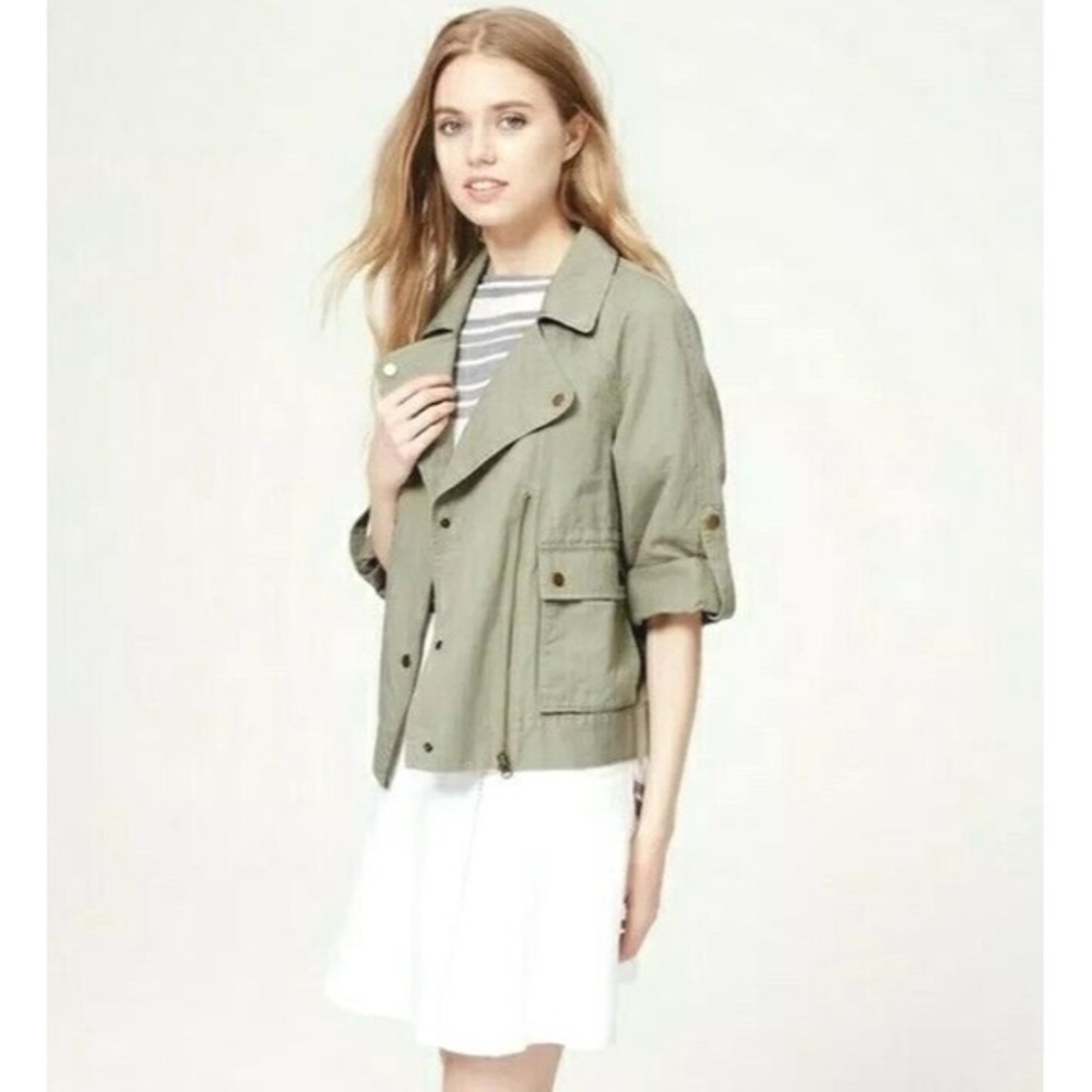 LOFT Moss Green Linen Blend Utility Moto Jacket XS Lightweight Military